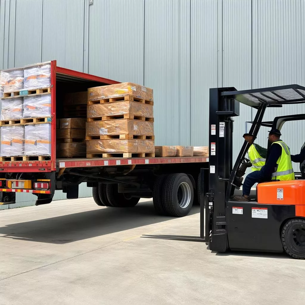 Xe tải đang được bốc dỡ hàng hóa