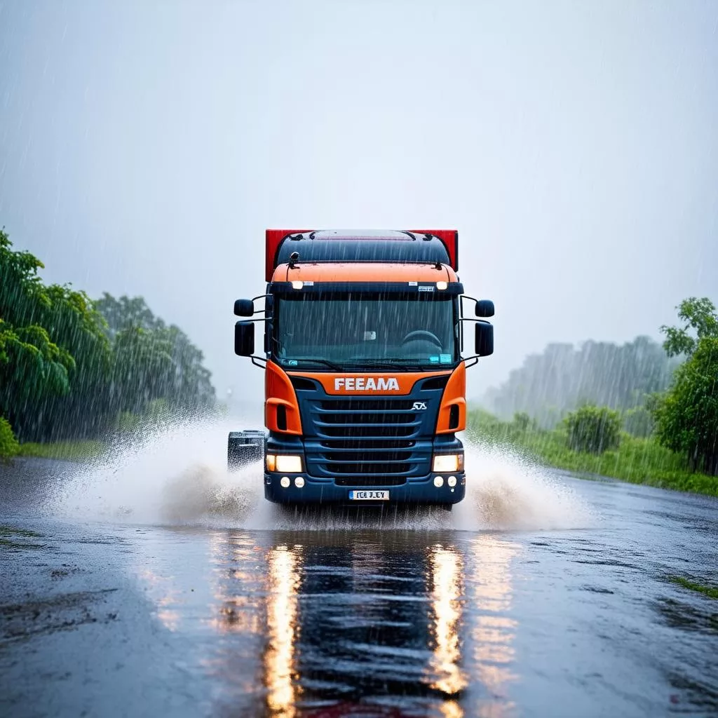 Xe tải di chuyển trong mưa bão