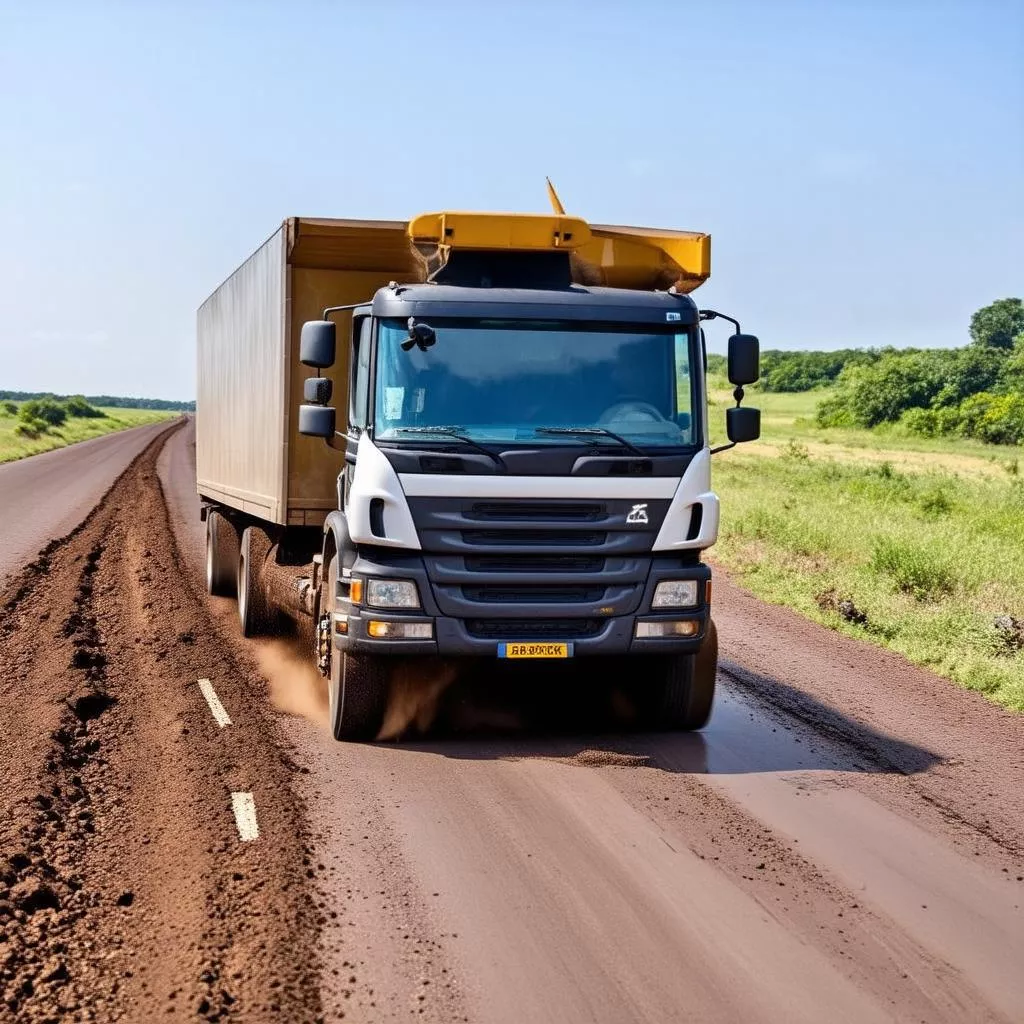 Truck driving over a pothole