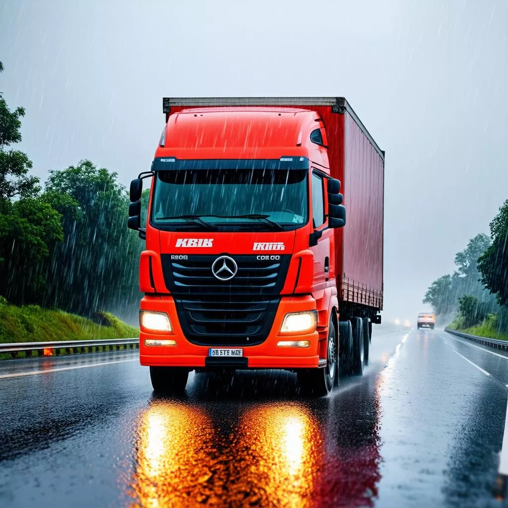 Camion che guida sotto la pioggia