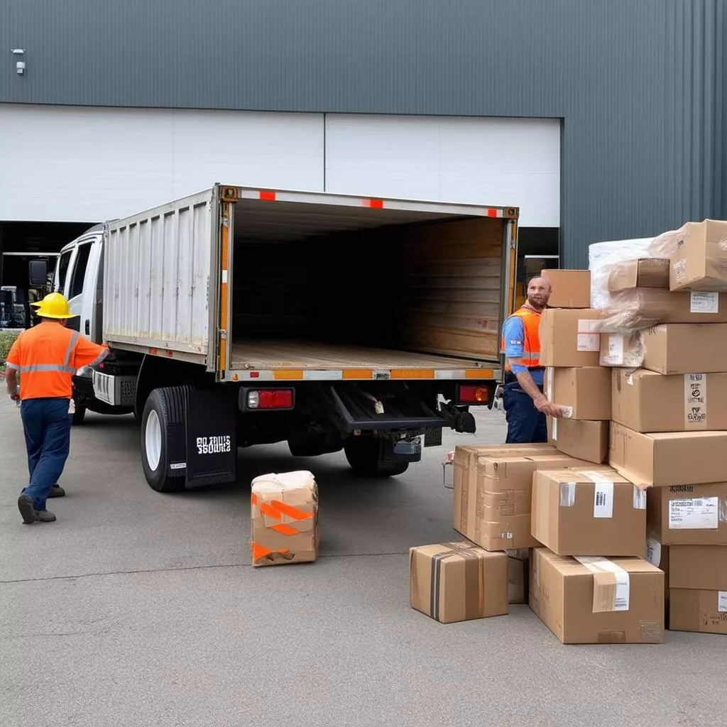 Xe tải đóng thùng đang đổ hàng