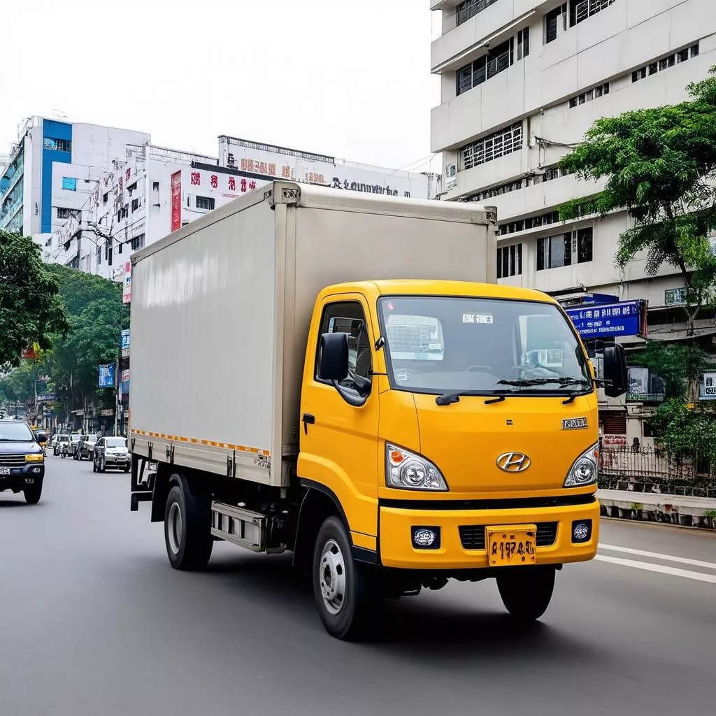 하노이 거리를 달리는 현대 트럭 배경화면