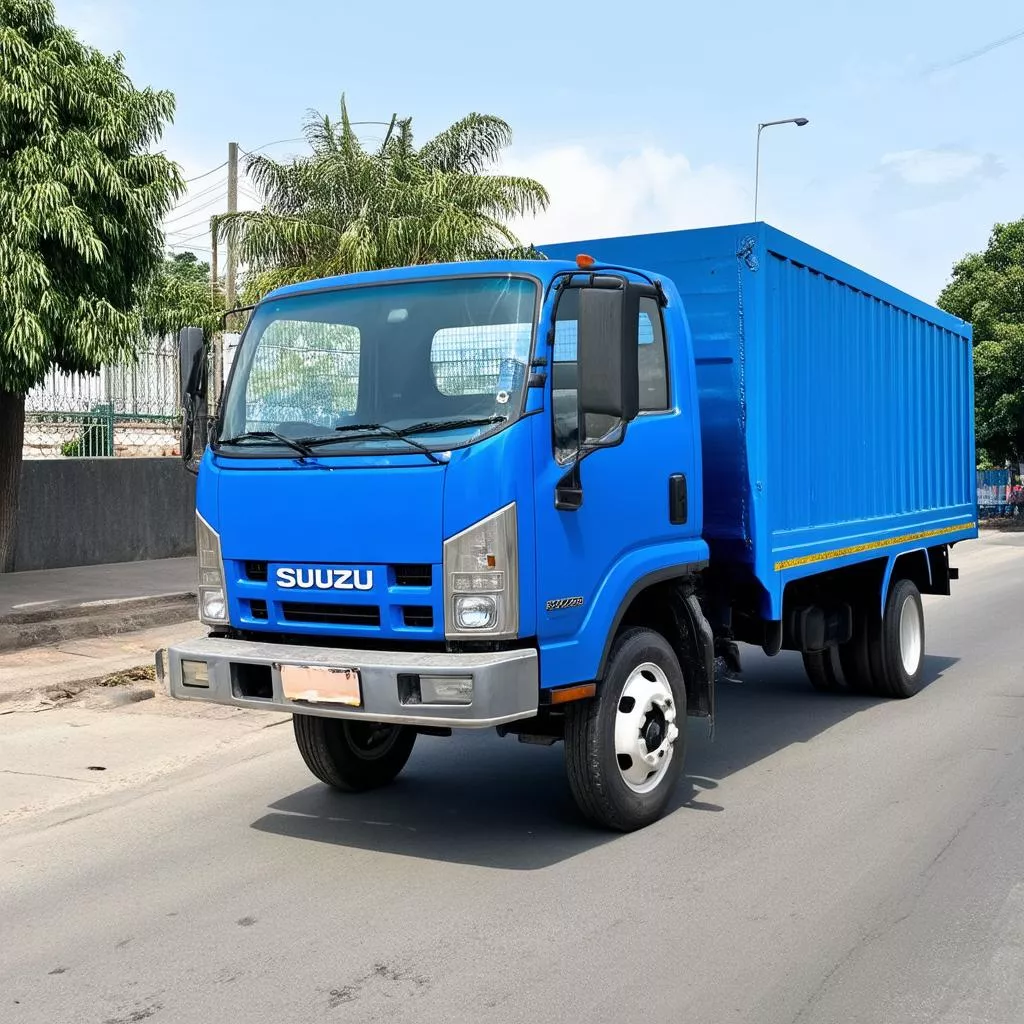A blue Isuzu 6.2-ton truck parked on the side of the road