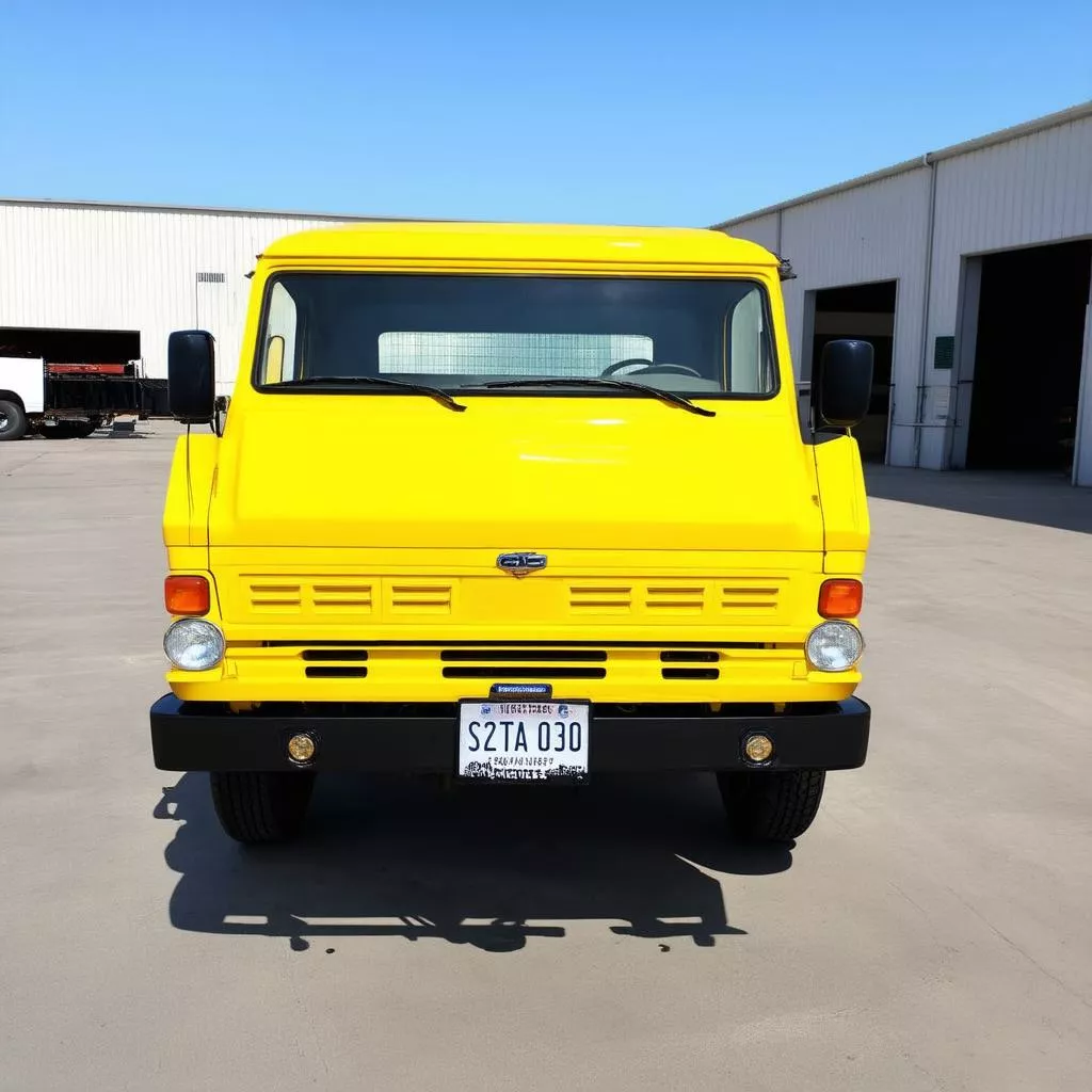 Yellow truck with auspicious license plate