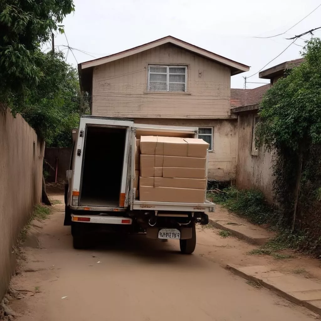 A small truck accessing a house through a wide alley
