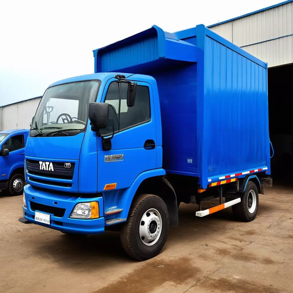 Side view of a blue Tata 7 ton truck