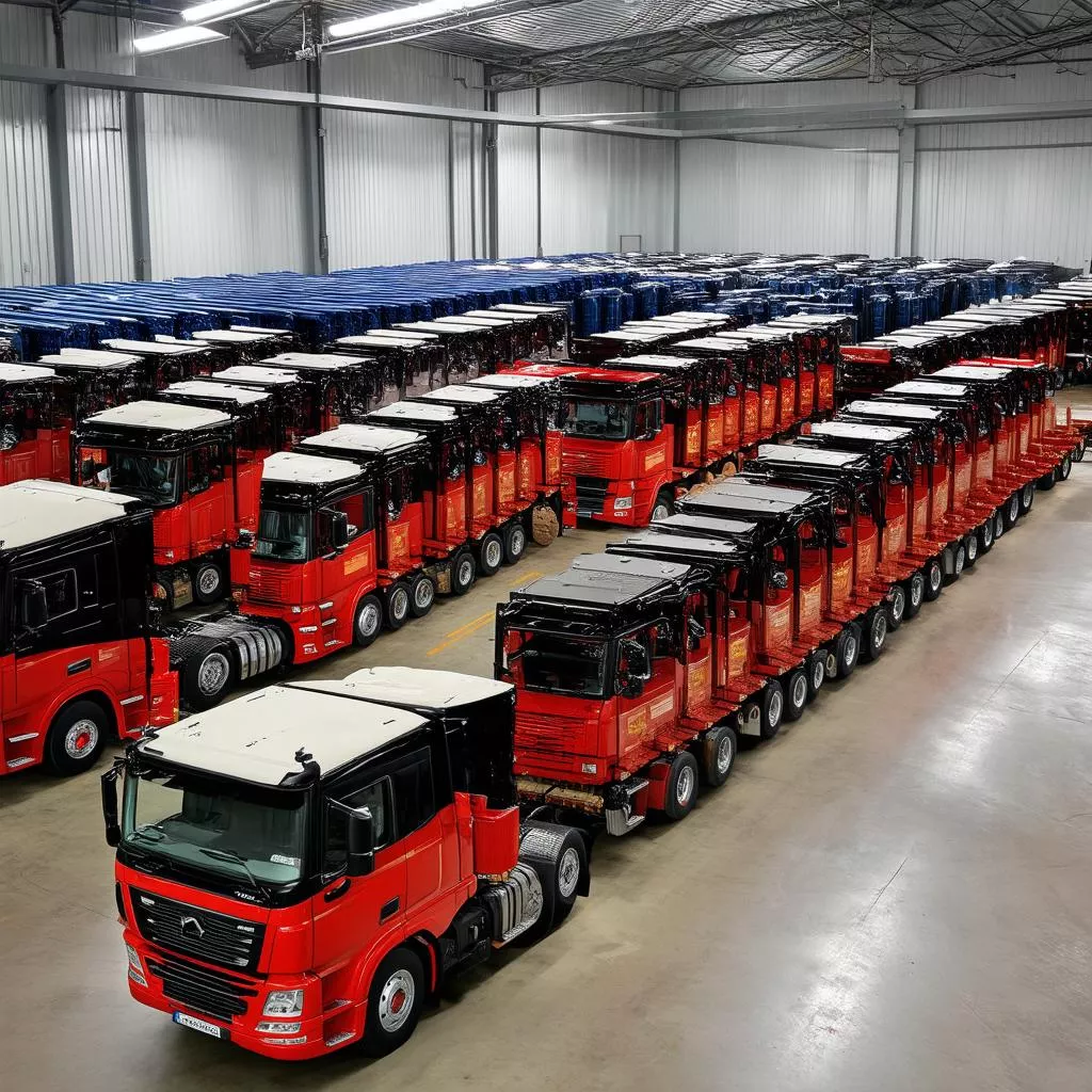 VinFast trucks in a warehouse