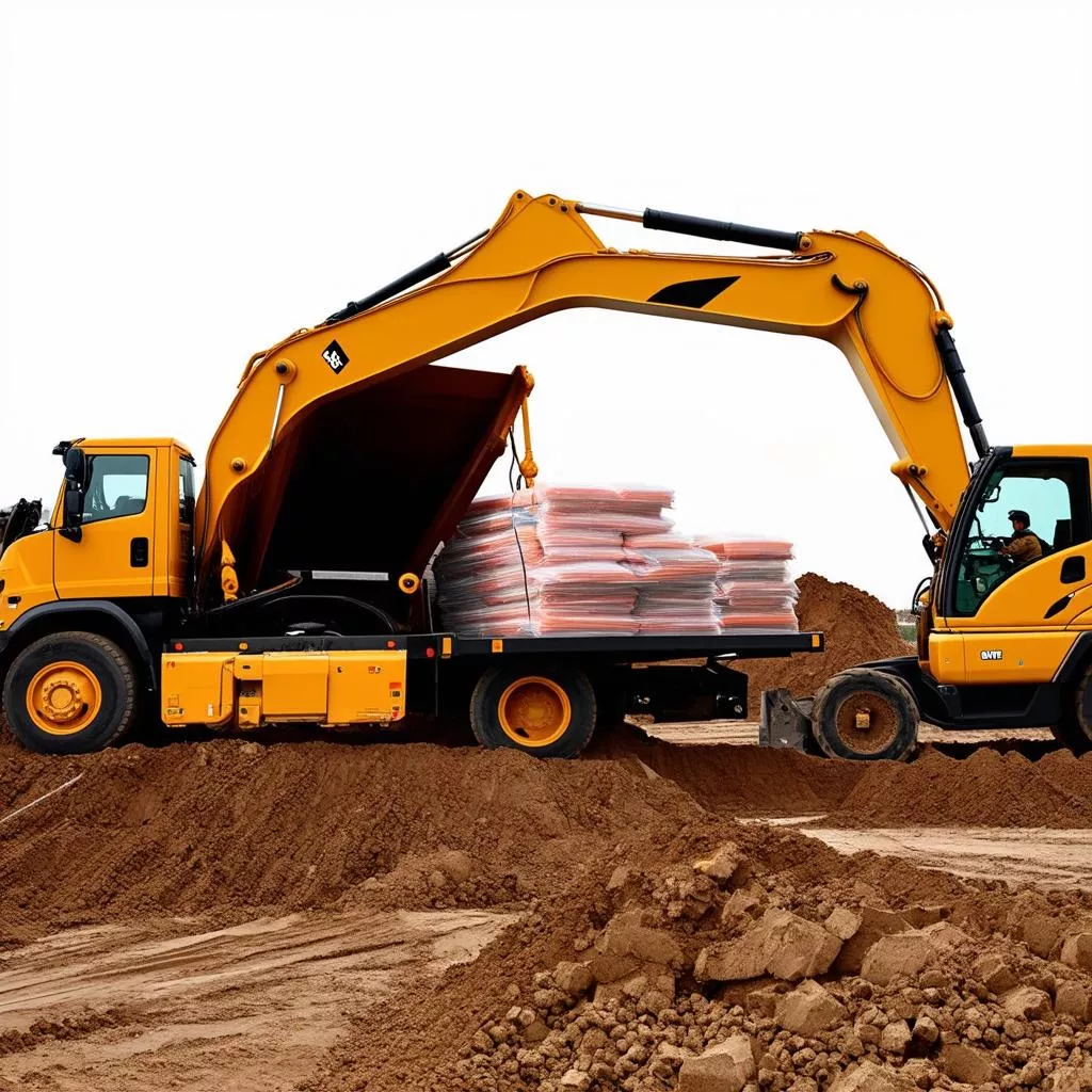 Xe tha co tải tự đổ 5 tấn 7 màu vàng đang đổ hàng