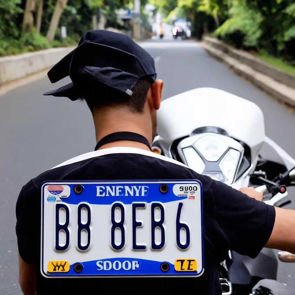 오토바이 번호판을 보는 남자