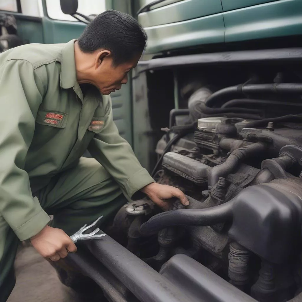 Anh Ba, a truck driver, inspecting his truck