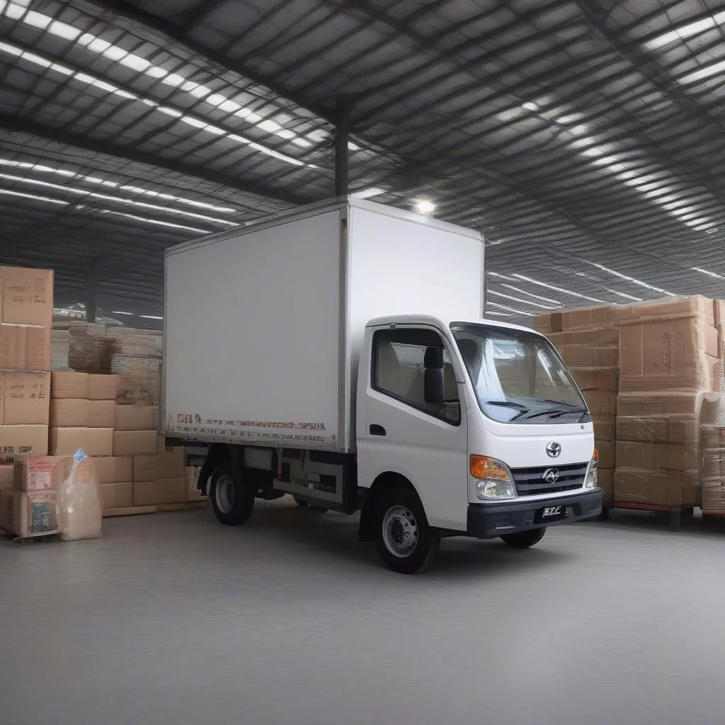 Ảnh chụp cận cảnh một chiếc xe tải Hyundai Porter màu trắng mới cóng đang được đổ tải hàng hóa tại kho hàng của đại lý xe tải tại Hà Nội
