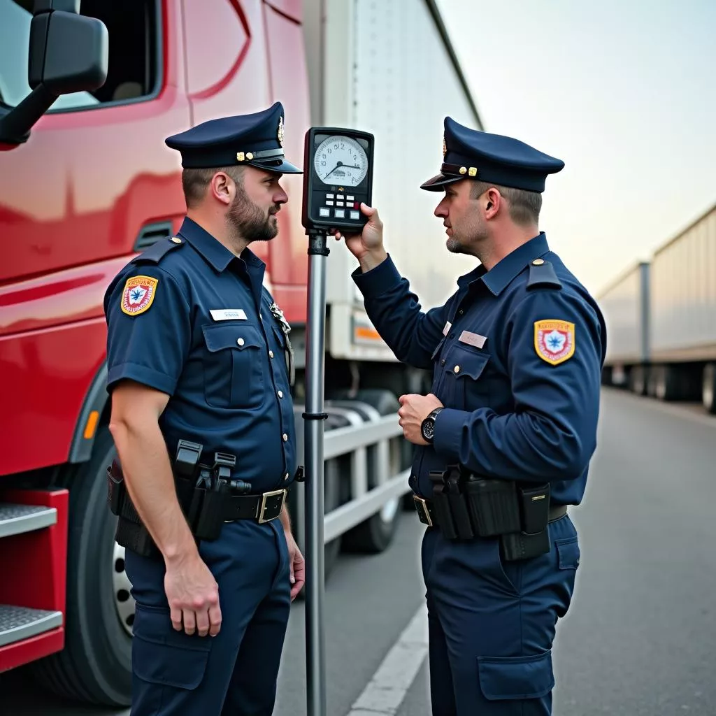 Hình ảnh công an giao thông kiểm tra tải trọng xe tải