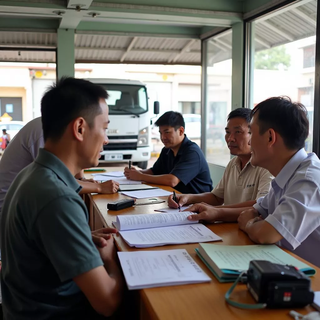 Mr. Minh paying truck registration fees in Chi Linh