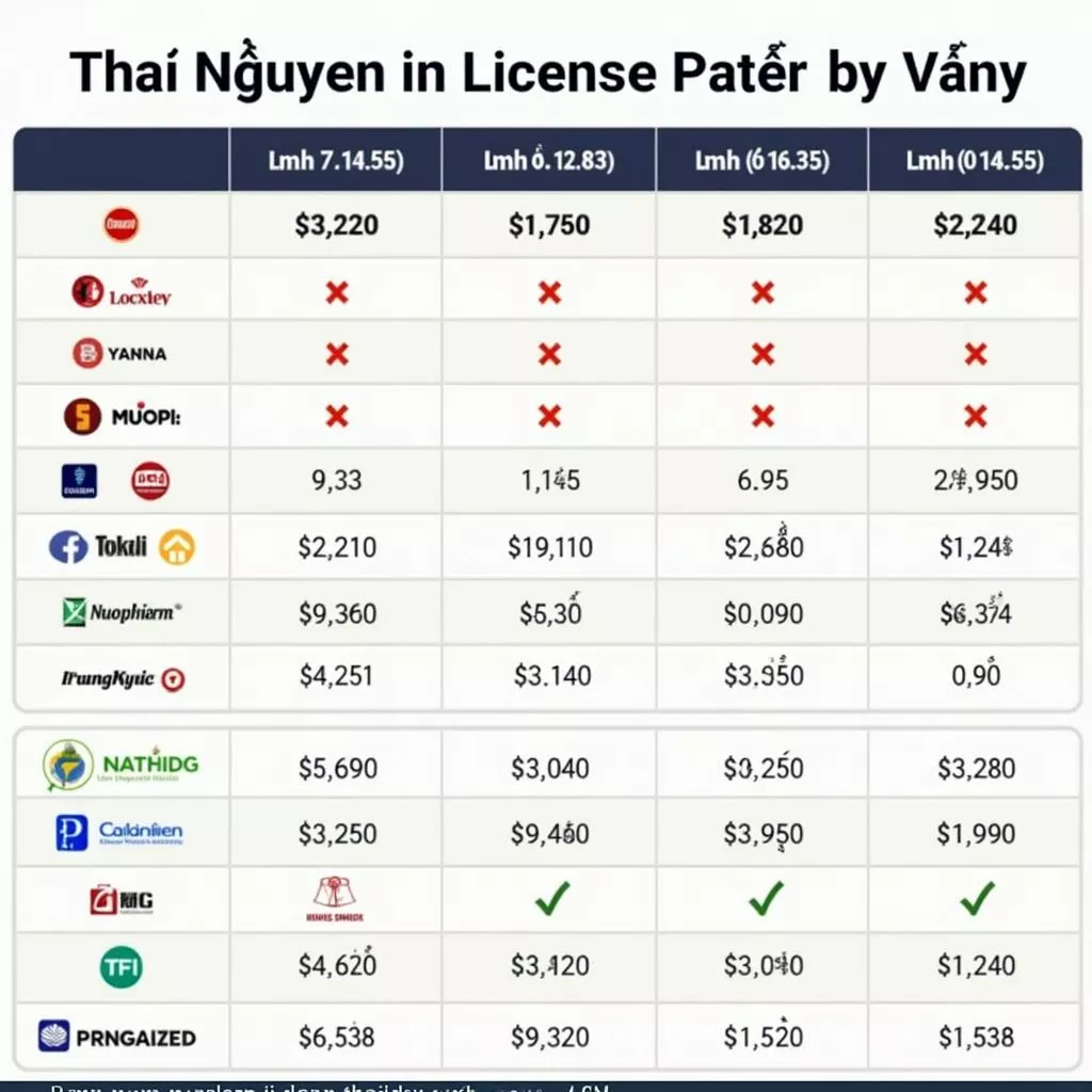 Tabela de preços de matrículas em Thái Nguyên