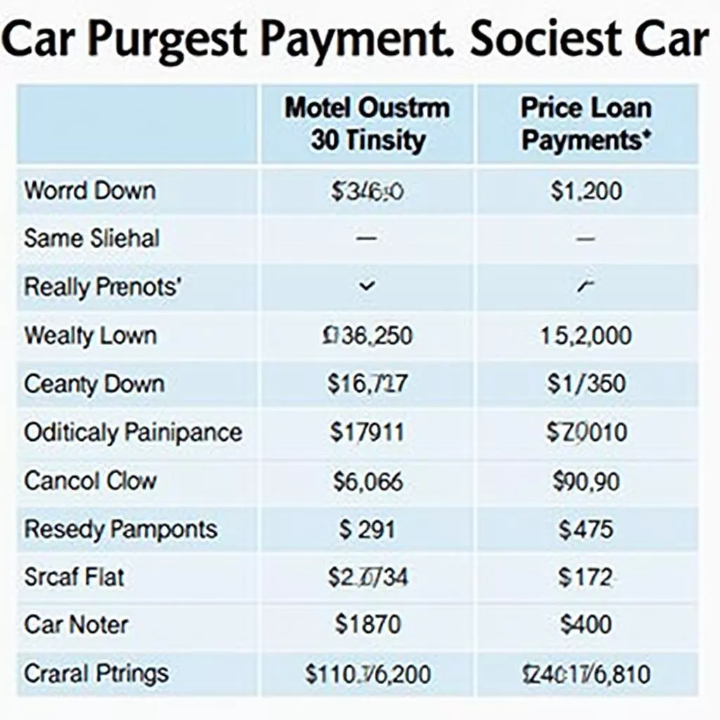 Car loan price table for Hyundai, Kia, Toyota, Mazda