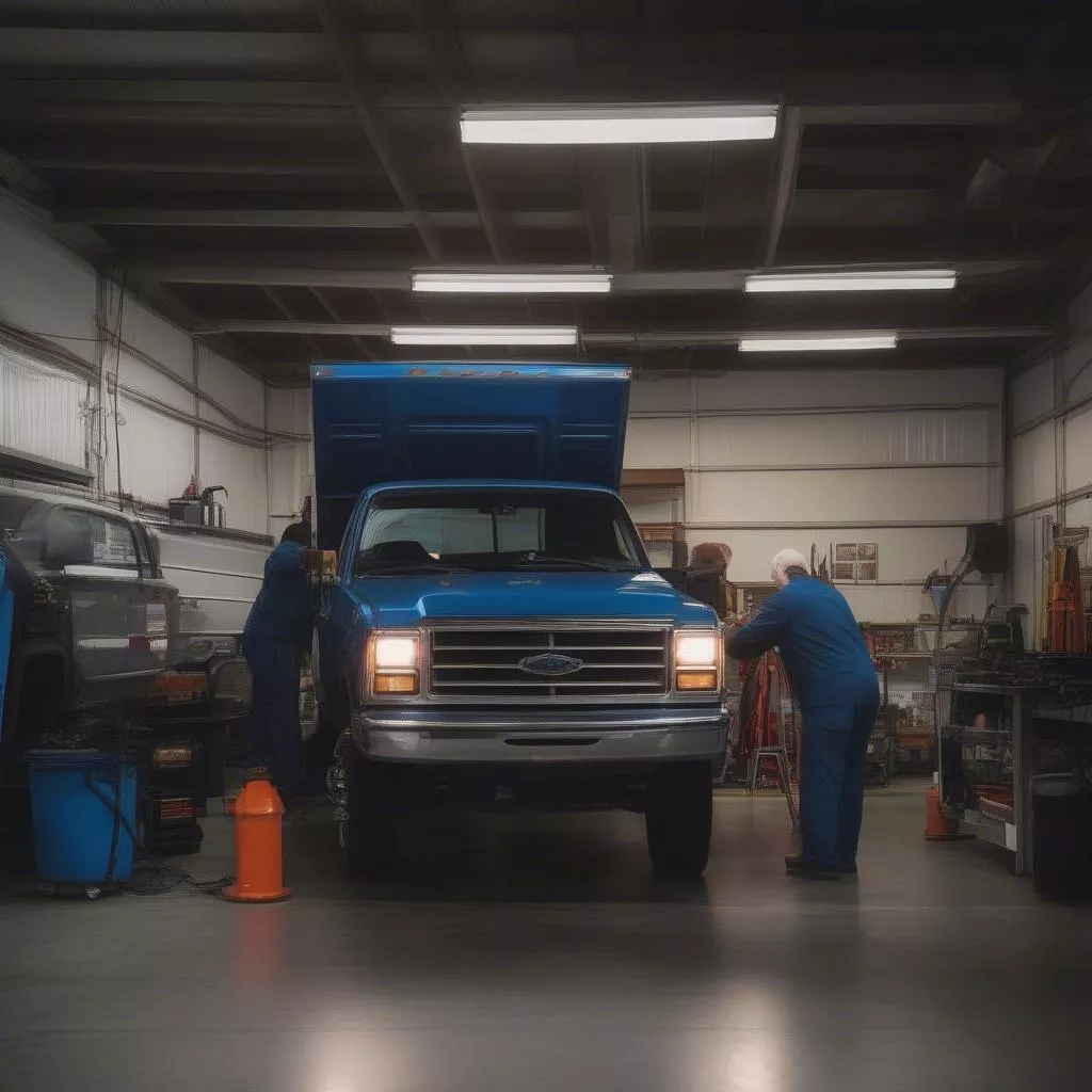 整備工場でのトラックのメンテナンス