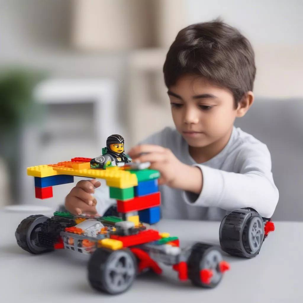 레고 레이싱카를 가지고 노는 아이
