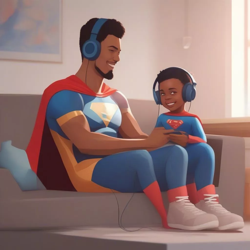Bambino che ascolta la musica dei supereroi