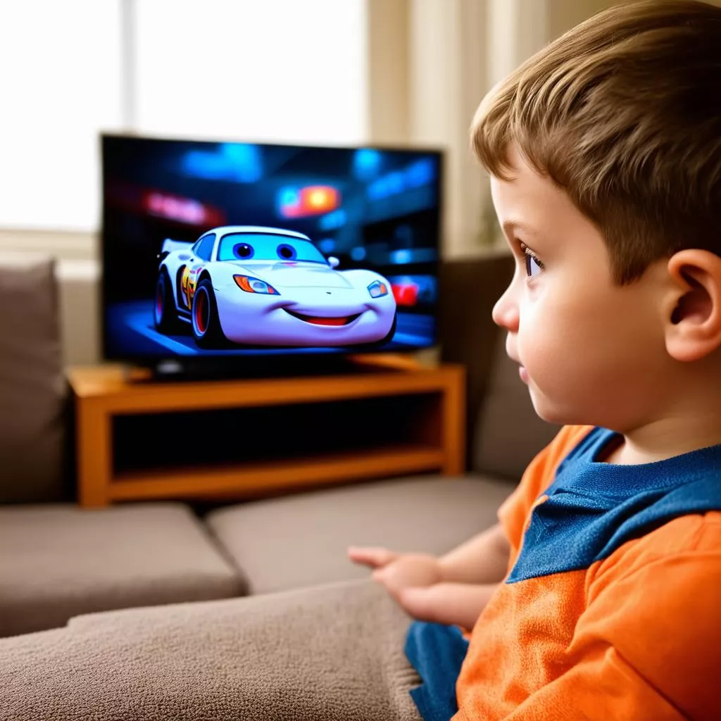 Boy watching car cartoon