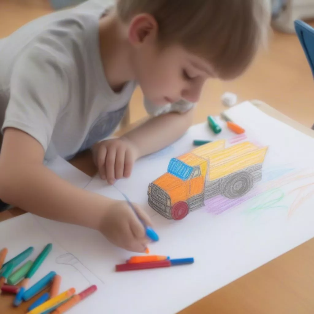 Enfant dessinant un camion