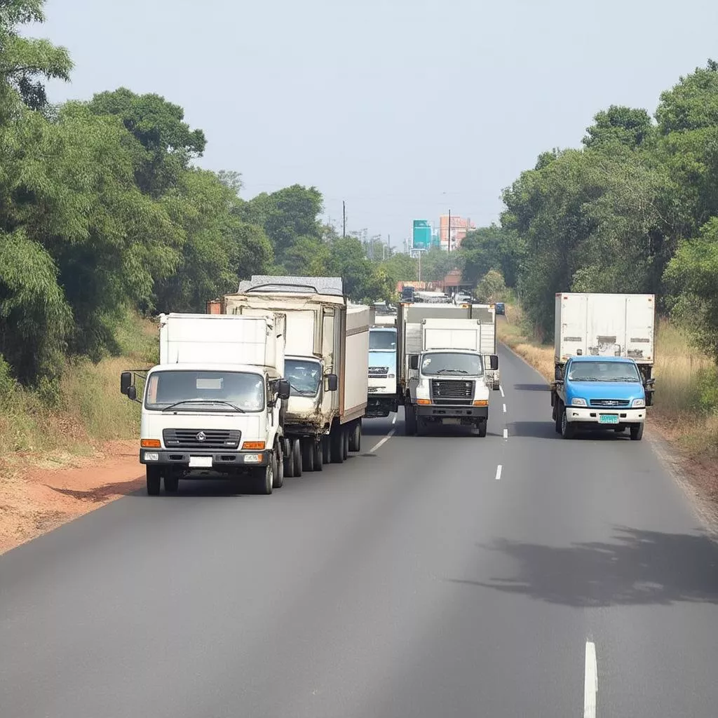 Various light trucks driving on a road.