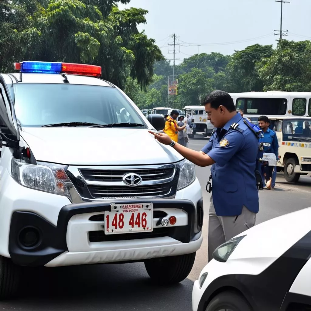 Cảnh sát giao thông kiểm tra biển số xe tải