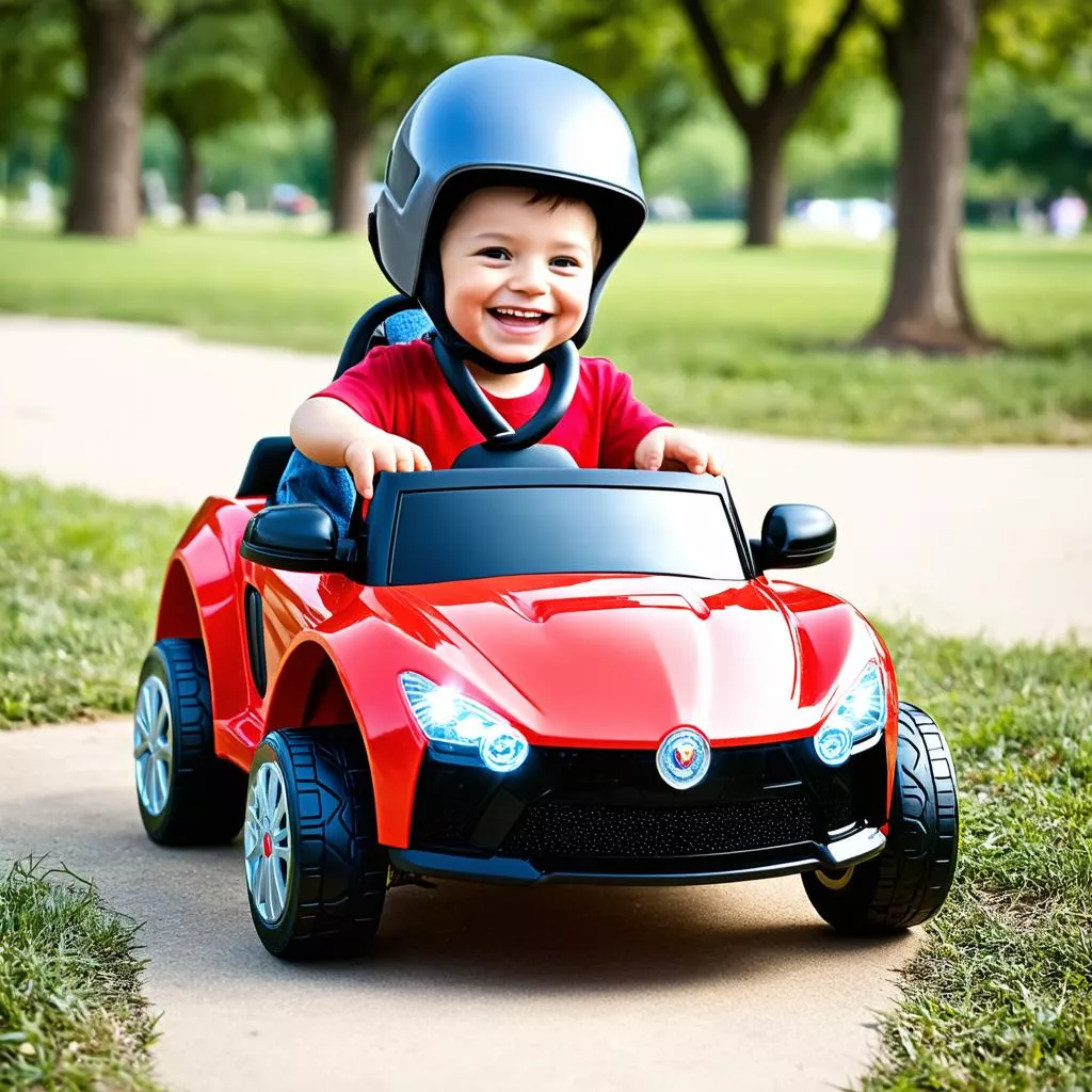 Boy joyfully playing with his electric car