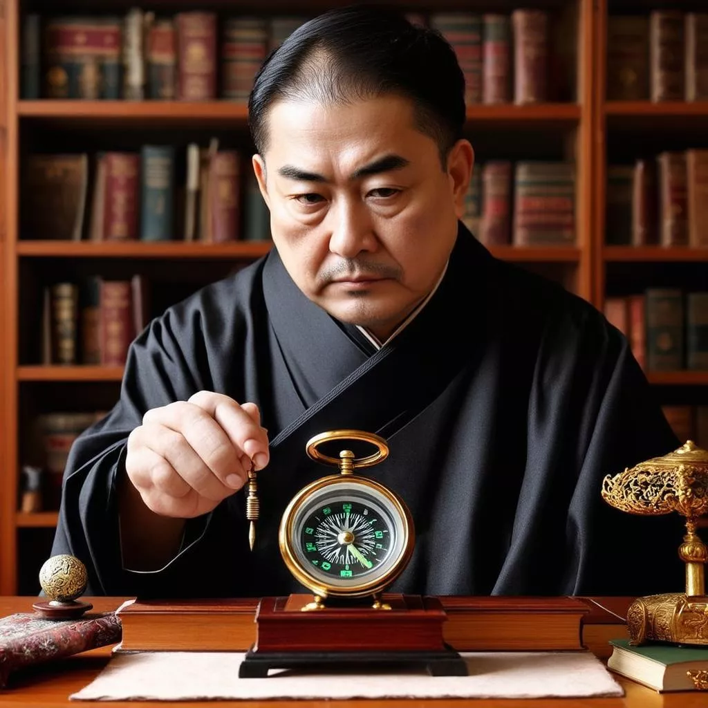 A feng shui expert examining a compass