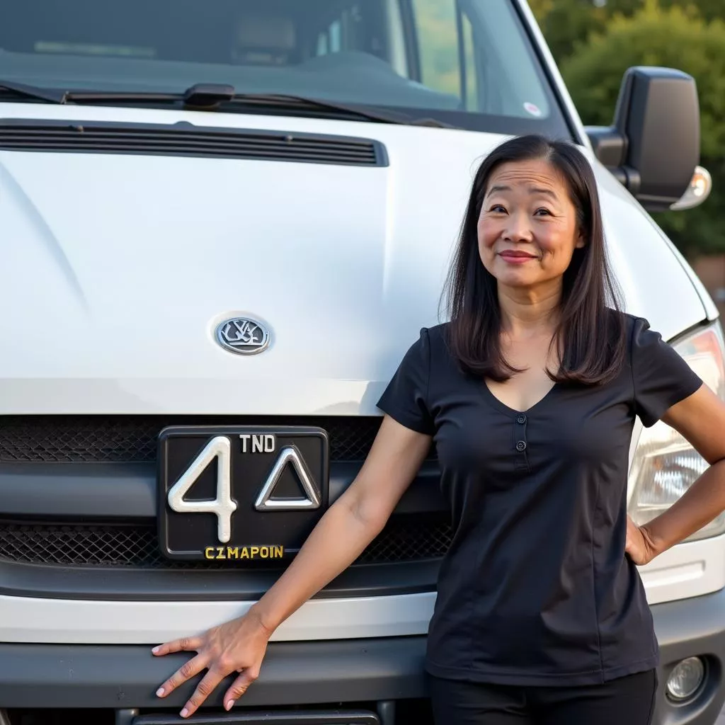 Ms. Lan standing next to her van with a four 4s license plate