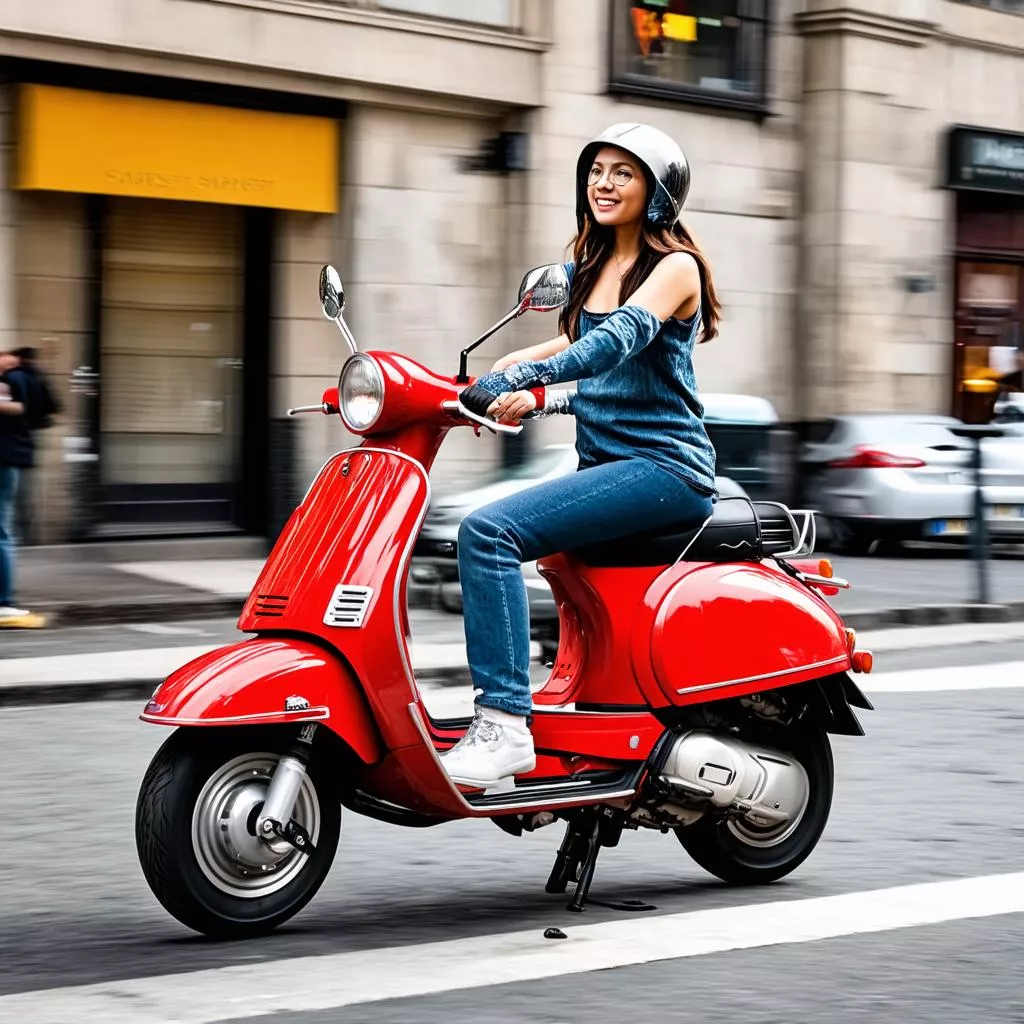 Cô Gái Trẻ Đang Đi Xe Vespa Sprint Trên Đường Phố