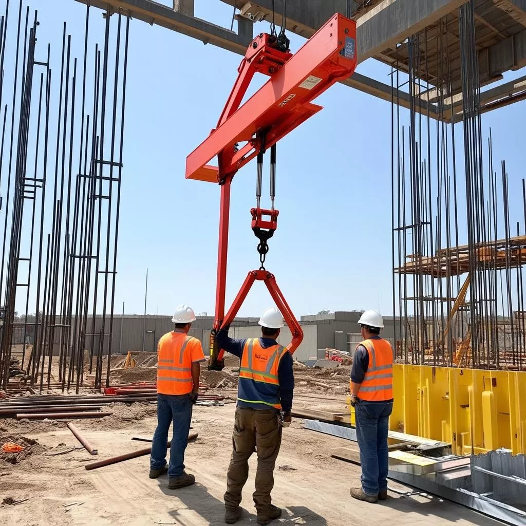 công nhân đang sử dụng kẹp tôn đứng 3 tấn tại công trường xây dựng