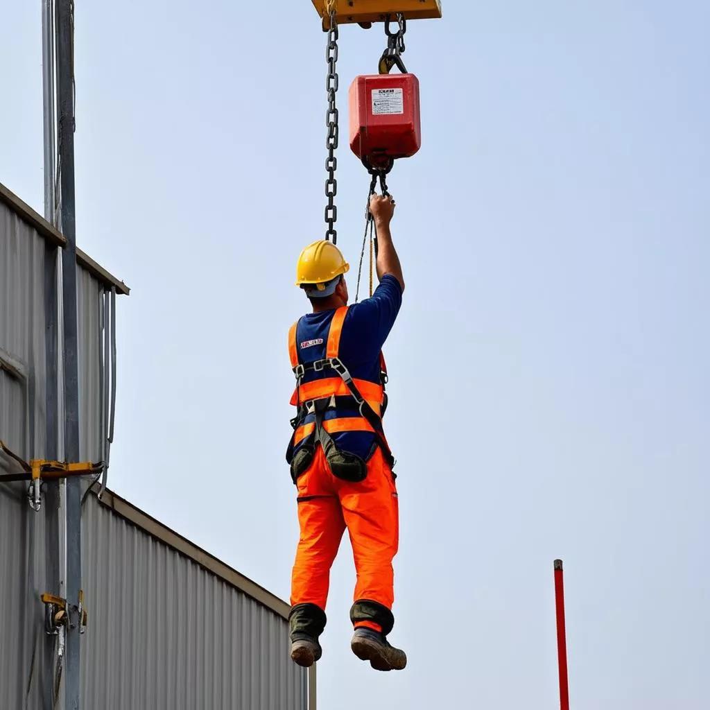 Công nhân đang sử dụng pa lăng xích