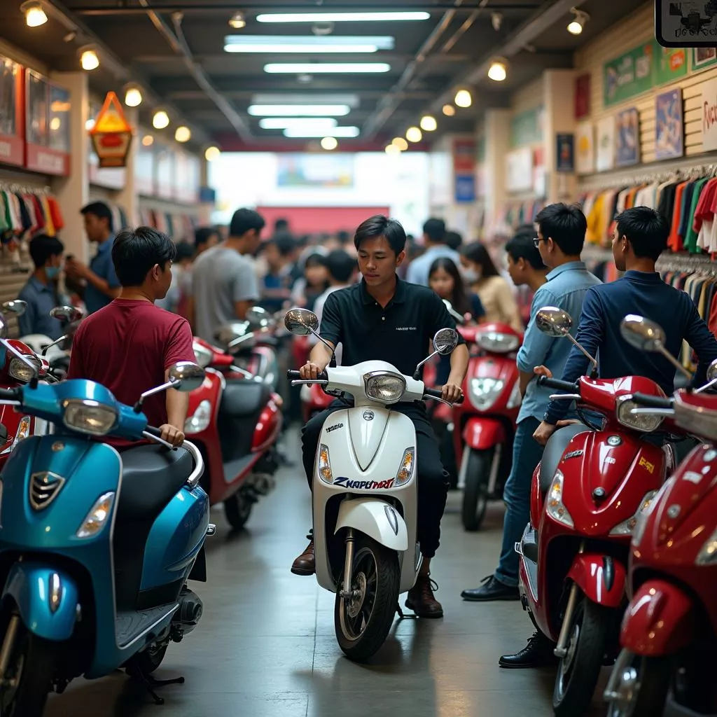 Crowded Motorcycle Dealership in Hanoi