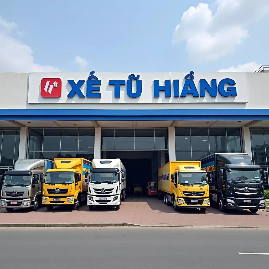 Xe Tải Hà Nội dealership storefront with various trucks on display.