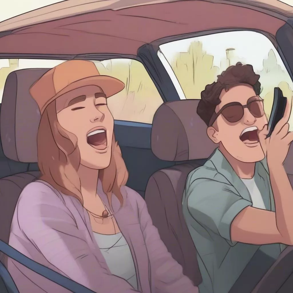 bạn bè cùng hát karaoke trên xe ô tô