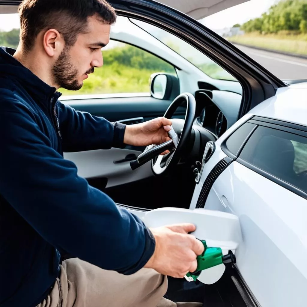 Man checking fuel efficiency in a car
