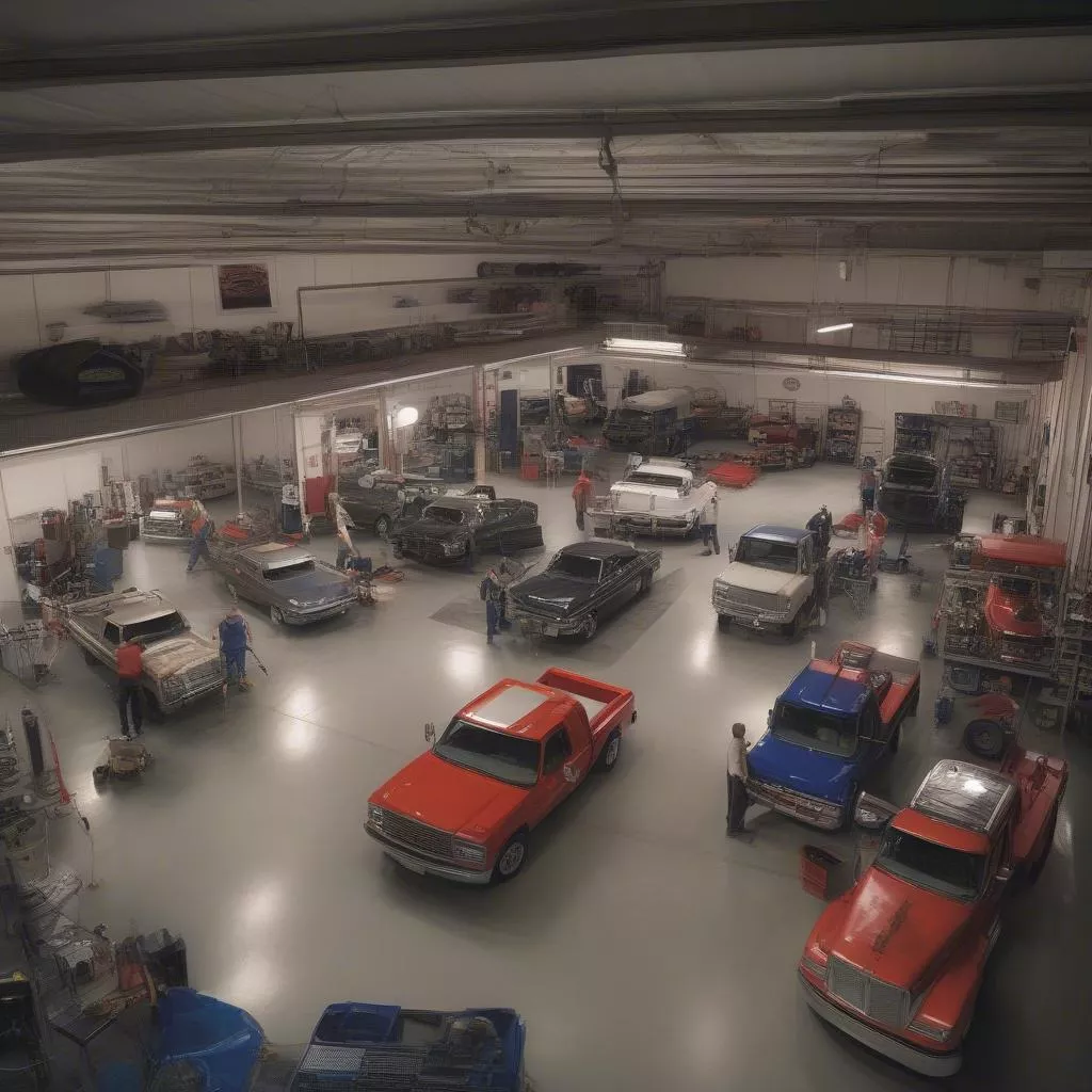 Auto Garage Repairing a Truck