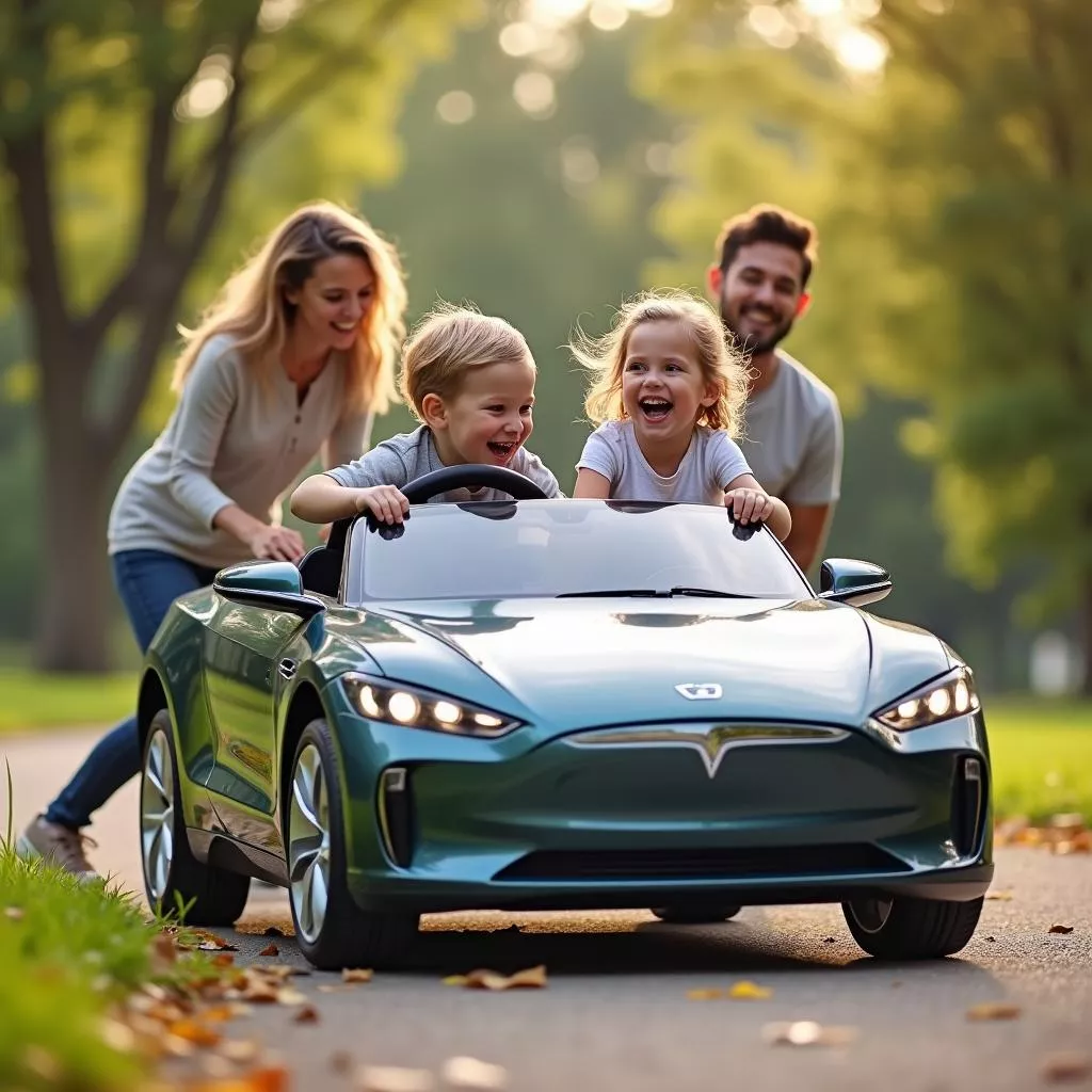 A happy family with an electric car