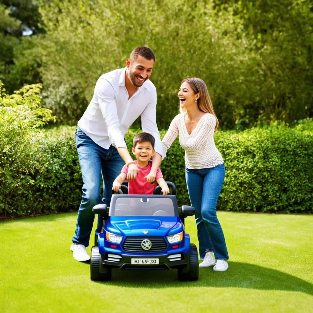 Gia đình hạnh phúc chơi ô tô chòi chân