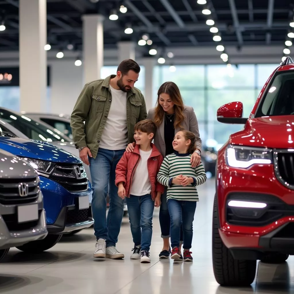 Family exploring an auto show