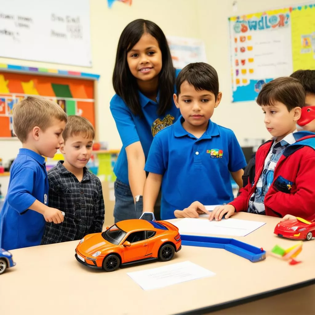 Giáo viên đang dạy trẻ về các loại ô tô