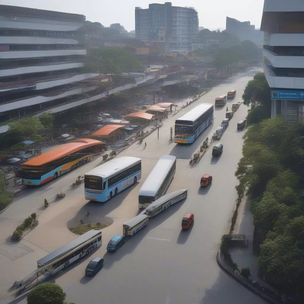 Una moderna stazione degli autobus ad Hanoi, con diversi tipi di autobus, a dimostrazione dello sviluppo e dell'ammodernamento del sistema di trasporto pubblico.