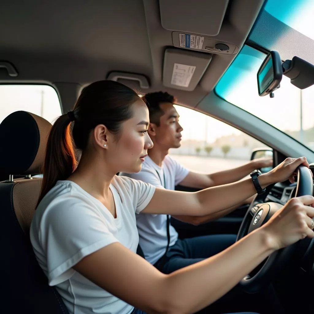 Student practicing driving with an instructor at a reputable driving school in Hanoi.
