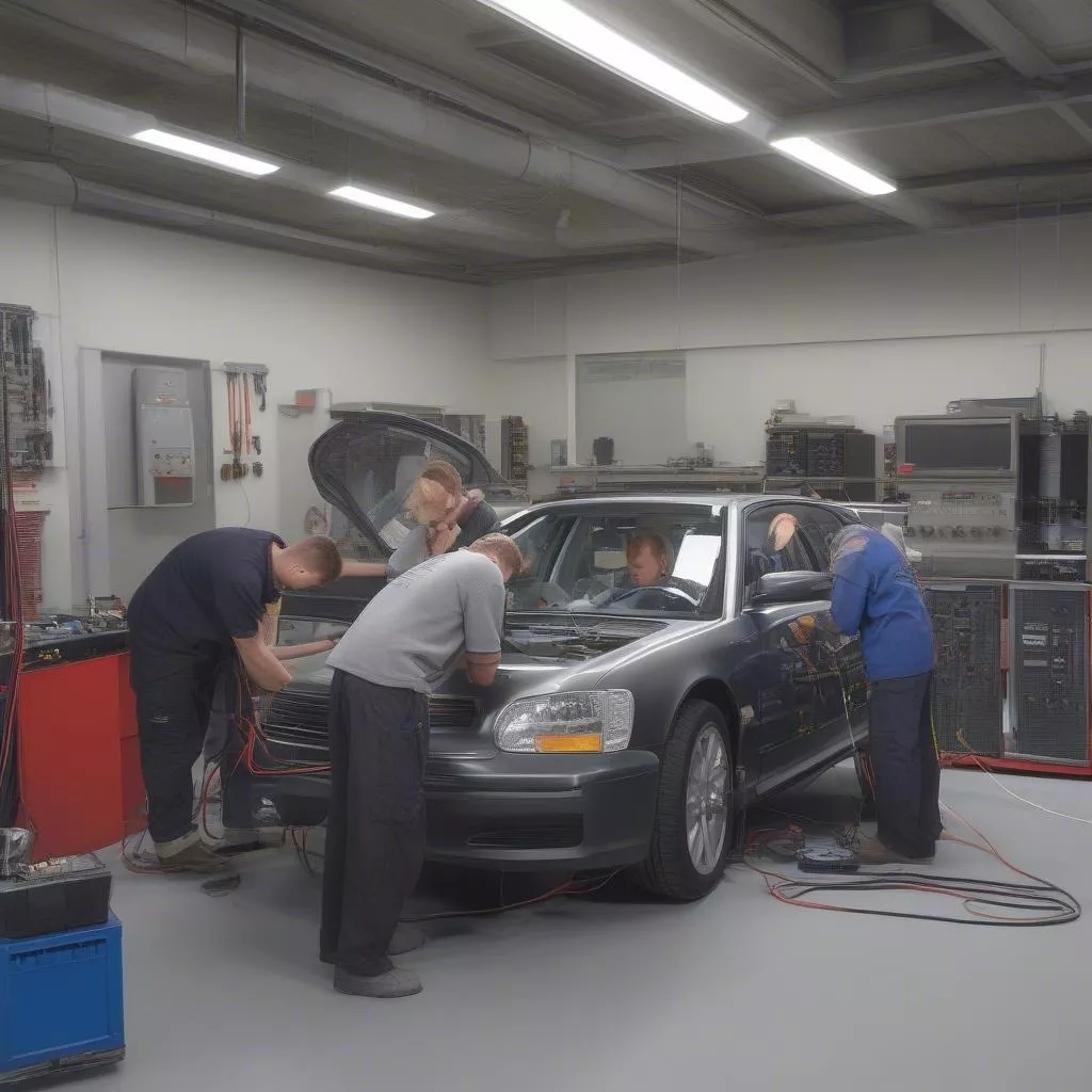 Students practicing auto electrical repair
