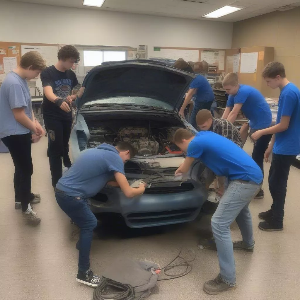 Học viên sửa chữa ô tô tại lớp học