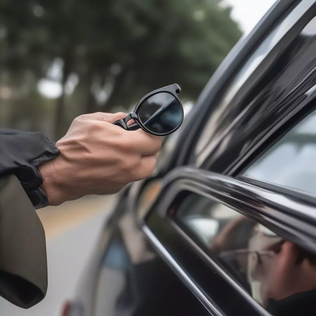 Sunglass holder on car door panel