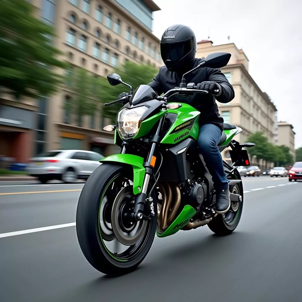 A Kawasaki Z1000 motorcycle speeding down a city street.