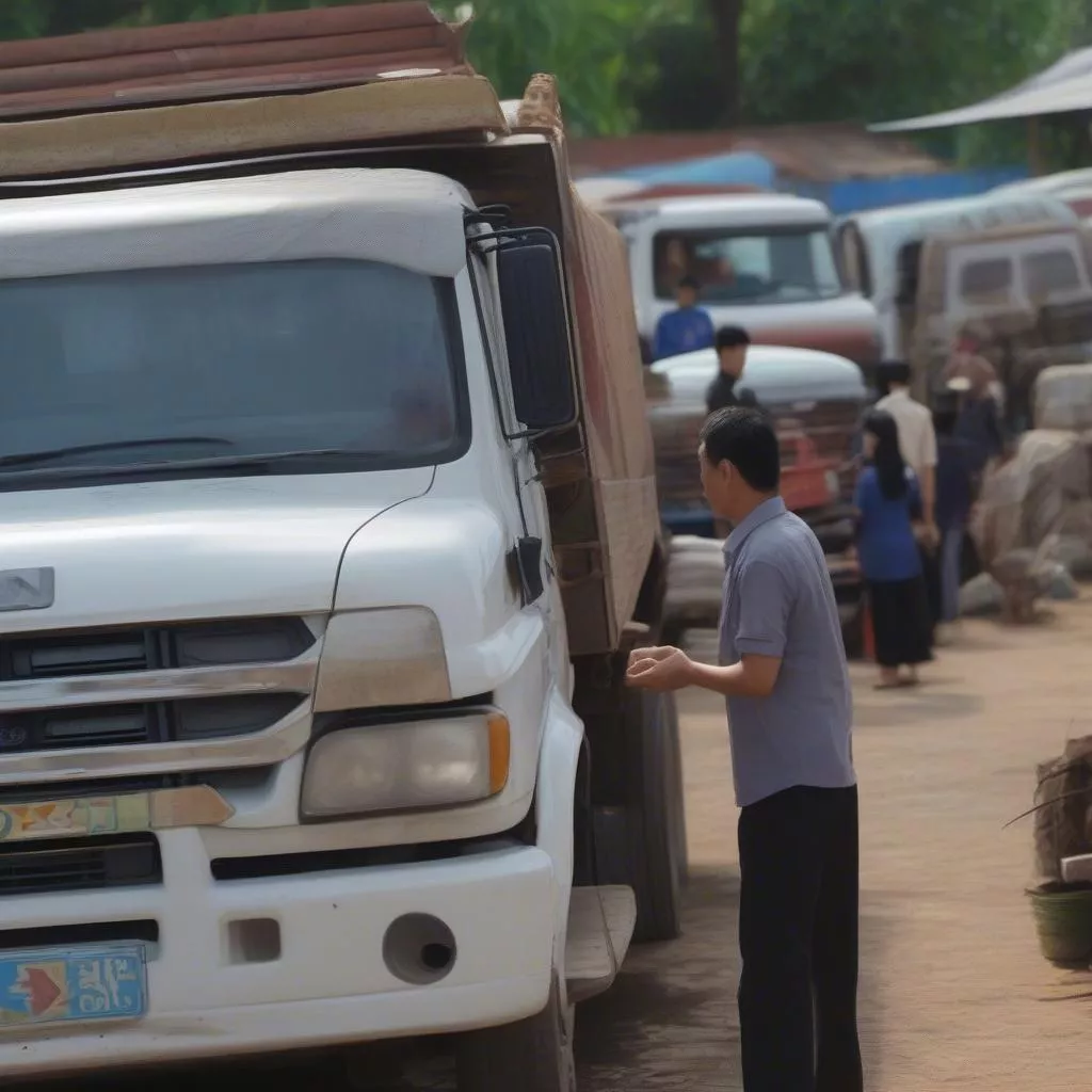 Khách hàng đang kiểm tra xe tải tại Chợ Ô Tô Tây Ninh