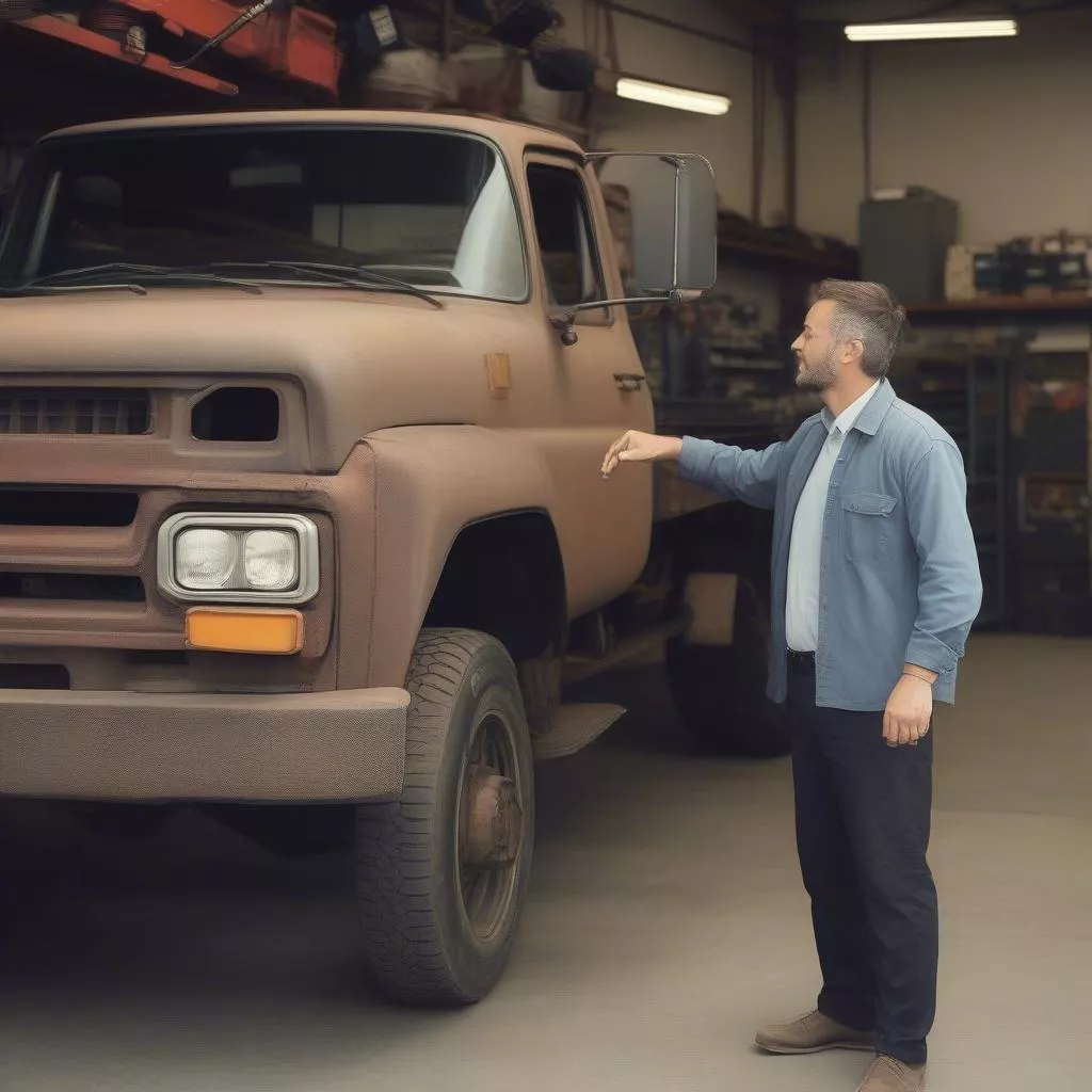 Khách hàng kiểm tra xe tải tại gara