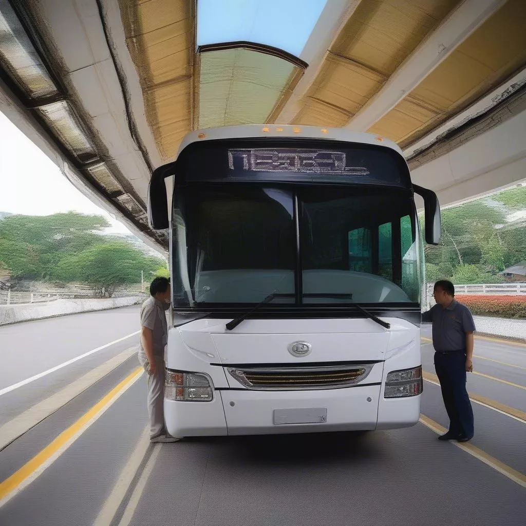 Customer inspecting a Thaco 47-seater bus